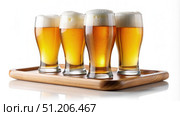Four Glasses of Frothy Beer on Wooden Serving Tray Against White Background. Generative AI. Стоковое AI-изображение, AI-художник Roman Zavorotny / Фотобанк Лори