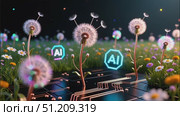 Hyper-real sci‑fi still: AI‑generated luminescent flowers bloom from a transparent fiber‑optic soil bed. Стоковое AI-видео, аниматор Виктория Кольцова / Фотобанк Лори
