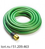 Coiled Green Garden Hose With Brass Nozzle Isolated on White Background. Generative AI. Стоковое AI-изображение, AI-художник Roman Zavorotny / Фотобанк Лори
