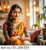 Indian Woman in Traditional Sari Sitting in a Home Setting. Generative AI. Стоковое AI-изображение, AI-художник Roman Zavorotny / Фотобанк Лори