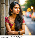 Young Indian Woman in a Yellow Sari, Waiting by a Brick Wall in the City. Generative AI. Стоковое AI-изображение, AI-художник Roman Zavorotny / Фотобанк Лори