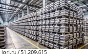 Lead Ingots Stored In A Large Warehouse. Generative AI. Стоковое AI-изображение, AI-художник Roman Zavorotny / Фотобанк Лори