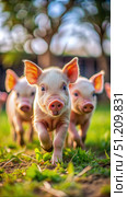 Three Piglets Running Through Grassy Field on a Sunny Day. Generative AI. Стоковое AI-изображение, AI-художник Roman Zavorotny / Фотобанк Лори