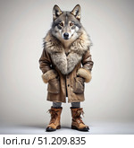 Wolf Dressed in Sheepskin Coat Stands in a Studio. Generative AI. Стоковое AI-изображение, AI-художник Roman Zavorotny / Фотобанк Лори