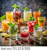 Refreshing Non-Alcoholic Cocktails Arranged on a Dark Wooden Tabletop. Generative AI. Стоковое AI-изображение, AI-художник Roman Zavorotny / Фотобанк Лори