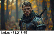 Armored warrior with sword in autumn forest symbolizing courage battle resilience medieval strength and the timeless human spirit facing challenges in history and legend. Стоковое AI-изображение, AI-художник Ольга Сухарева / Фотобанк Лори