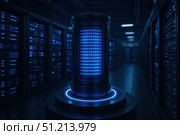 Futuristic Data Center Featuring Centralized Storage Unit Illuminated by Blue LED Lights, Surrounded by Rows of High-Tech Servers in a Dark Environment. Стоковое AI-изображение, AI-художник Башкирова Анна / Фотобанк Лори