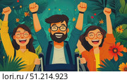 A joyful group of friends enjoys an energetic moment together in a lush jungle, embracing friendship and nature's beauty. Стоковое AI-видео, аниматор Данила Большаков / Фотобанк Лори
