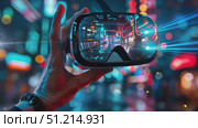 A person experiences the thrill of virtual reality while surrounded by a lively, illuminated city, highlighting modern gaming innovations and excitement. Стоковое AI-видео, аниматор Данила Большаков / Фотобанк Лори