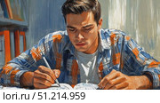 A dedicated student concentrates on his studies in a warm, well-lit space, surrounded by books as he takes notes for exams. Стоковое AI-видео, аниматор Данила Большаков / Фотобанк Лори