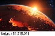 Mars sunrise over red surface symbolizing human exploration, space travel, science news, interplanetary future and universal wonder inspiring new generation of discovery. Стоковое AI-изображение, AI-художник Igor Tichonow / Фотобанк Лори
