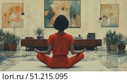 Experience a serene meditation practice in a beautifully designed living space filled with colorful art and greenery. Стоковое AI-видео, аниматор Данила Большаков / Фотобанк Лори