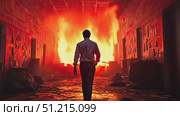 A lone figure strides down a corridor filled with flames, showcasing the intensity of a fire engulfing an abandoned structure at dusk. Стоковое AI-видео, аниматор Данила Большаков / Фотобанк Лори