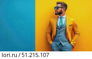 A fashion-forward individual showcases a striking orange suit paired with a blue backdrop while exuding charisma and style. Стоковое AI-видео, аниматор Данила Большаков / Фотобанк Лори