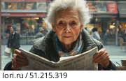 An elderly woman with gray hair peruses a newspaper and enjoys a delicious breakfast in a lively café setting filled with people. Стоковое AI-видео, аниматор Данила Большаков / Фотобанк Лори