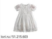 Baby girl lace dress isolated on white background. Fashion Clothes for Children. White kids dress with floral pattern, short sleeves. Cute ivory dress for little daughter. Babyhood, clothing concept. Стоковое AI-изображение, AI-художник Марина Демидюк / Фотобанк Лори