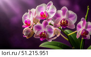 Luxury spa background with beautiful pink and white orchid flowers, elegant phalaenopsis blossom on dark purple backdrop for wellness or beauty salon concept. Стоковое AI-изображение, AI-художник Павел Муравьев / Фотобанк Лори