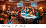 Diverse team having a meeting in retro futuristic boardroom with interactive table, robot butler serving coffee to professionals using advanced technology. Стоковое AI-изображение, AI-художник Павел Муравьев / Фотобанк Лори