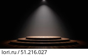 Wooden podium under single spotlight, set in dark ambient space, product showcase or advertising minimalist design. Стоковое фото, фотограф Павел Муравьев / Фотобанк Лори