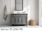 Grey bathroom vanity with white walls, mirror and marble countertop, black hardware. Clean aesthetic background. Home interior room design. Gray cabinet in a bathroom. Стоковое AI-изображение, AI-художник Марина Демидюк / Фотобанк Лори