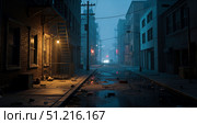 Dark rainy city alley at night, gritty urban street background for crime drama or detective story, wet pavement with reflections and car headlights. Стоковое AI-изображение, AI-художник Павел Муравьев / Фотобанк Лори