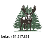 Vector graphic monochrome powerful strong horned wild elk, deer. Silhouette of coniferous green trees. Isolated background. Forest animal, moose. Fir. Стоковая иллюстрация, иллюстратор GAlexS / Фотобанк Лори