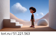 Surreal desert scene featuring young boy standing beneath white architectural elements, cloud hovering above minimalist landscape. Стоковое AI-изображение, AI-художник Юрий Поздников / Фотобанк Лори