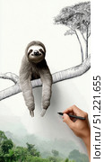 Artist drawing smiling sloth clinging to branch, forest background, blending whimsical illustration with naturalistic rainforest landscape, showcasing characteristic animal movement. Стоковое AI-изображение, AI-художник Юрий Поздников / Фотобанк Лори