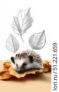 Sleepy hedgehog nuzzling colorful autumn foliage, surrounded by delicate sketched leaf silhouettes in cozy seasonal composition. Стоковое AI-изображение, AI-художник Юрий Поздников / Фотобанк Лори