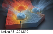 Quantum physics simulation revealing wave particle duality, depicting particle tunneling through energy barrier with dynamic heat and smoke visualizing complex energy transfer. Стоковое AI-видео, аниматор Юрий Поздников / Фотобанк Лори