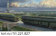Military convoy moving massive intercontinental ballistic missile on specialized launcher across wooded terrain, rocket silhouetted against distant skyline during transportation. Стоковое AI-видео, аниматор Юрий Поздников / Фотобанк Лори