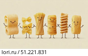 Different types of italian pasta, including lasagna, farfalle, spaghetti, and fusilli, stand in a line, holding hands and smiling on a white background. Стоковое AI-видео, аниматор Юрий Поздников / Фотобанк Лори