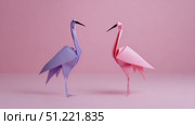 Delicate purple and pink origami cranes facing one another, resting on soft pastel background, representing gentle connection between folded paper art forms. Стоковое AI-видео, аниматор Юрий Поздников / Фотобанк Лори