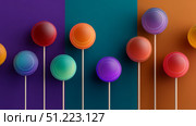 Minimalist background with colorful lollipops arranged symmetrically, flat lay. Стоковое AI-изображение, AI-художник ALLA YURTAYEVA / Фотобанк Лори