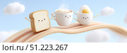 Happy toast, coffee and egg smile together on surreal breakfast ride, toast leads fun, toast inspires joy, toast adds warmth to morning energy. Стоковое AI-изображение, AI-художник Мария Фадеева / Фотобанк Лори
