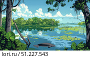 A colorful illustration of a tropical river with dense greenery and forest along the banks. The water reflects a blue sky with white clouds, dotted with water lilies and aquatic plants. In the foreground, large leaves of plants and trees with powerful trunks are visible, creating a frame effect for the scene. A manatee swims in the river, adding liveliness and an atmosphere of untouched nature. In the distance, a flock of birds flies over the horizon. The picture conveys a sense of calm, harmony and wild nature, ideal for use in environmental projects, tourism advertising, books about nature and educational materials. Стоковое AI-изображение, AI-художник Анна Кривицкая / Фотобанк Лори
