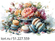 A bright watercolor illustration in the style of a still life with an exquisite combination of flowers and desserts. In the foreground are multi-colored pastel-colored macarons - blue, pink, mint and cream. They lie neatly among a scattering of fresh blueberries and rose petals. In the background is an elegant vase with a lush bouquet of peonies and garden roses, painted with soft and rich strokes. The atmosphere of the work is gentle, romantic and refined, associated with a French pastry shop, spring and a festive atmosphere. Suitable for decorating sweets packaging, cafe decor, printing, postcards and posters. Стоковое AI-изображение, AI-художник Анна Кривицкая / Фотобанк Лори