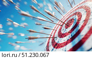 Arrows striking a target at an outdoor archery range in bright blue sky. Стоковое AI-изображение, AI-художник Александр Довянский / Фотобанк Лори
