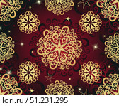Vector seamless red pattern with hand drawn golden swirl circles, gradient spots, beads and vivid stars. Стоковая иллюстрация, иллюстратор Ольга Дроздова / Фотобанк Лори