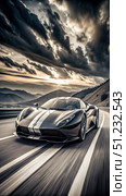 Black Supercar Speeds Through Mountain Pass Under Dramatic Clouds. Generative AI. Стоковое AI-изображение, AI-художник Roman Zavorotny / Фотобанк Лори