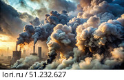 Industrial Smoke Plumes Fill the Sky Over an Urban Area at Sunset. Generative AI. Стоковое AI-изображение, AI-художник Roman Zavorotny / Фотобанк Лори