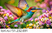 Colorful Bee-Eater Bird Flying Over Flowers in a Garden. Generative AI. Стоковое AI-изображение, AI-художник Roman Zavorotny / Фотобанк Лори