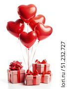 Red Heart Balloons and Gift Boxes for a Romantic Occasion. Generative AI. Стоковое AI-изображение, AI-художник Roman Zavorotny / Фотобанк Лори
