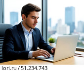 Man working on laptop in office near window with view of city skyscrapers. Стоковое AI-изображение, AI-художник Ирина Самойлова / Фотобанк Лори