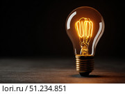 Glowing Yellow Light Bulb. Illuminated Light bulb on dark black background banner. Creative Technology. Vintage Edison Bulbs. Warm Illumination in a night space. New idea, brainstorming concept. Стоковое AI-изображение, AI-художник Марина Демидюк / Фотобанк Лори