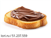 Chocolate spread on toast. Isolated piece of bread with hazelnut spread on a white background. Dark brown soft creamy chocolate texture and fresh slice of golden-brown toast. Elegant breakfast. Стоковое AI-изображение, AI-художник Марина Демидюк / Фотобанк Лори