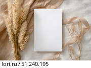Blank greeting card, invitation mockup. Dry grass, pampas plant on beige table background. Flat lay, top view. Copyspace. Paper cards, mock up. Modern Minimal business brand template. Soft shadow. A6. Стоковое AI-изображение, AI-художник Марина Демидюк / Фотобанк Лори