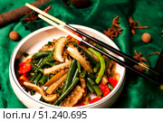 Stir-Fry Beef Tripe With Long Beans Sits on a Table Covered in Green Silk. Стоковое фото, фотограф Aleksandr Golubev / Фотобанк Лори