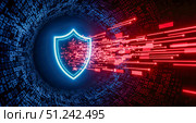 Cyber attack protection concept, glowing blue shield repelling red hostile data inside a binary code tunnel, information security technology illustration background. Стоковое AI-изображение, AI-художник Павел Муравьев / Фотобанк Лори