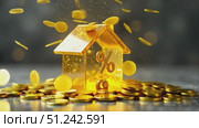 Gold luminous symbol percent in house on stack of gold coins on grey concrete background. Housing construction, discount, coupon, purchase, sale, realtor, mortgage, insurance, booking, AI generated. Стоковое AI-видео, аниматор Ольга Симонова / Фотобанк Лори